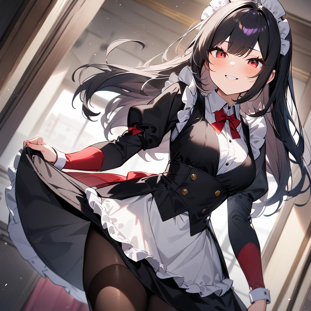 1girl,Solo,smile,blackhair,red eyes,purple and red,Maid,black skirt,black Shiny pantyhose,Large sleeves,masterpiece, best quality, very aesthetic, absurdres