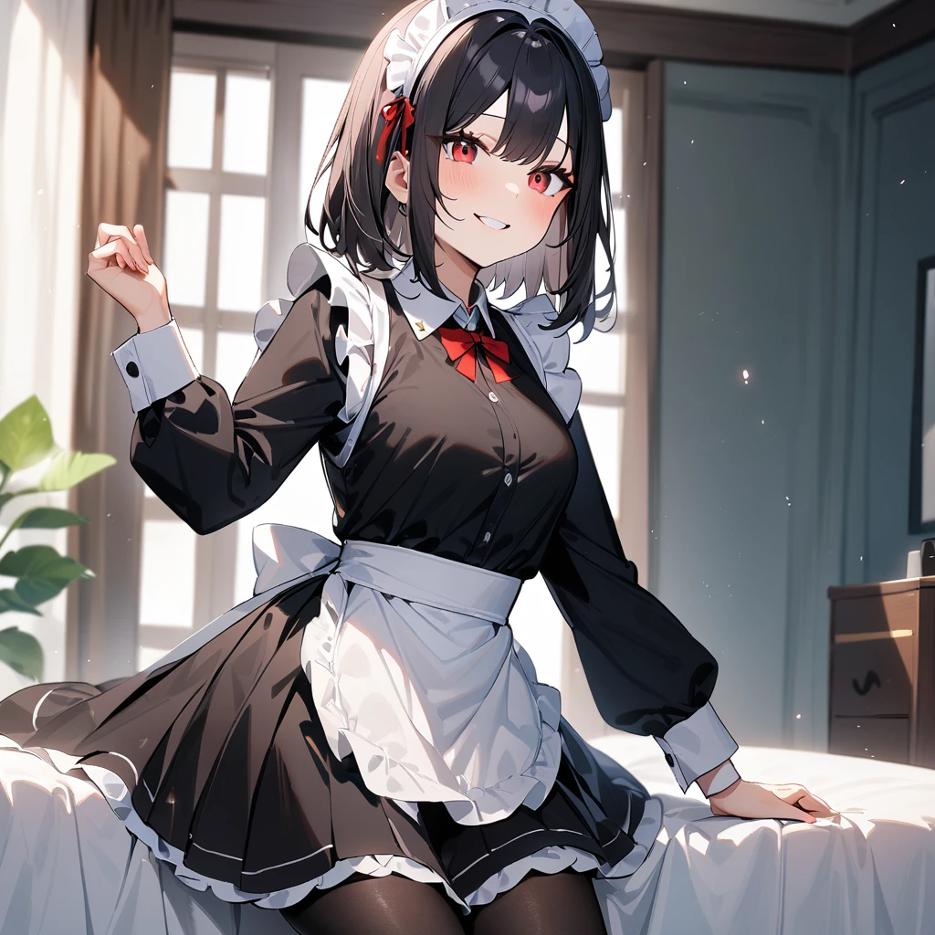 1girl,Solo,smile,blackhair,red eyes,purple and red,Maid,black skirt,black Shiny pantyhose,Large sleeves,masterpiece, best quality, very aesthetic, absurdres 