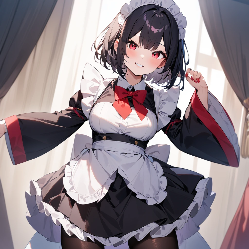 1girl,Solo,smile,blackhair,red eyes,purple and red,Maid,black skirt,black Shiny pantyhose,Large sleeves,masterpiece, best quality, very aesthetic, absurdres