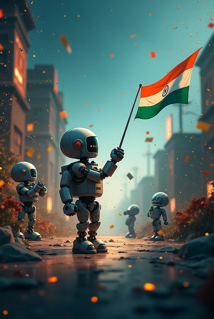 A software company poster with space for logo having some code and robots in the background. Reduce the emphasis on robots and add a picture celebrating India's Indepe day