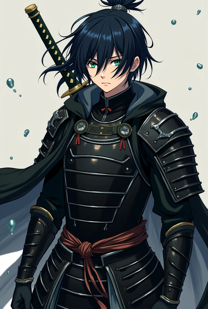 Katsuo Miyamoto. Um jovem de 25 anos, of Japanese nationality, where he uses a katana and has electrical powers, 

He has very dark green eyes, blackquality hair, a long fringe, that goes halfway down your face, and her bangs are parted in the middle, and pale skin His outfit is all-black samurai armor, but in fact a heavy samurai armor

