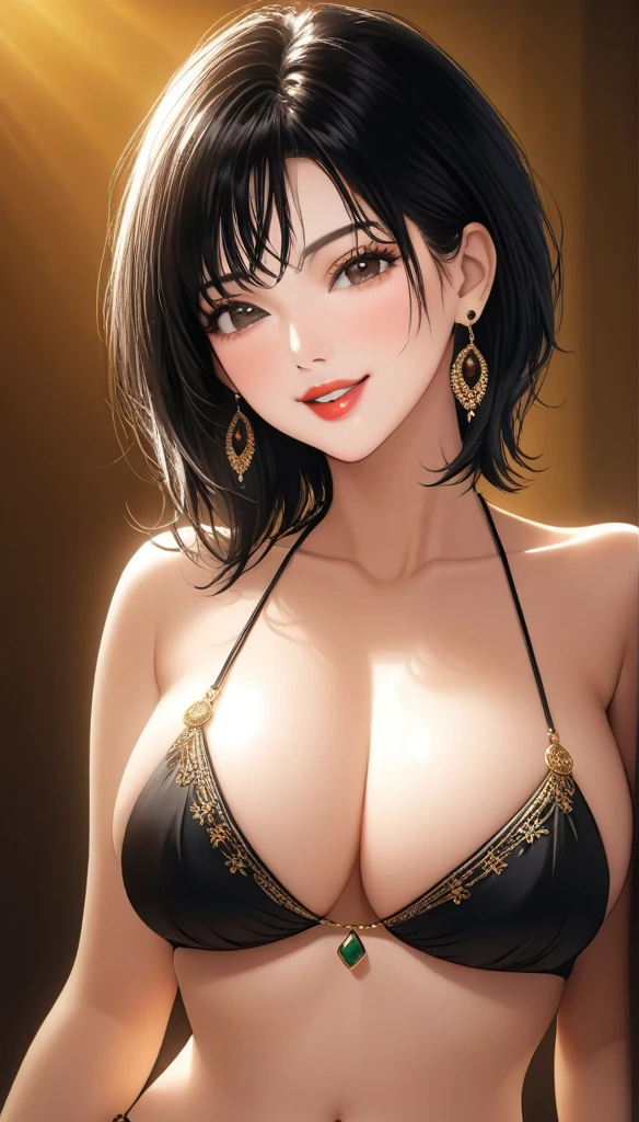 (1woman, mature, messy short black hair,silk bikini, black long jhumka earrings, detailed alluring eyes, smooth detailed lips, beautiful face, smiling, red lipstick, navel, bangles, saggy breasts, photorealistic, 8k, hyperdetailed, vibrant colors, studio lighting, masterpiece, cinematic composition, dramatic lighting, intricate details, highly realistic skin textures, volumetric lighting, beautiful intricate jewelry, warm color palette, natural lighting, elegant pose, beautiful detailed expression, hyper realistic rendering, seamless blending, flawless skin, glowing skin, delicate features, breathtaking realism, striking composition),tall , necklace, bangles ,navel,full body view, long chain necklace