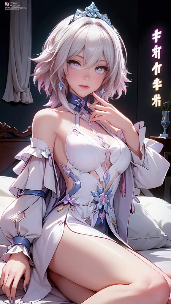 ((((masterpiece, best quality, high resolution)))), (1girl:1.5), white hair, purple eyes, average breasts, blush, light smile, glow, thighs, bare shoulders, collarbone, narrow waist, cleavage, (beautiful detailed face, beautiful detailed eyes),  naked, , nsfw, exposed breasts, exposed , naked girl, , big breasts, naughty girl, nsfw