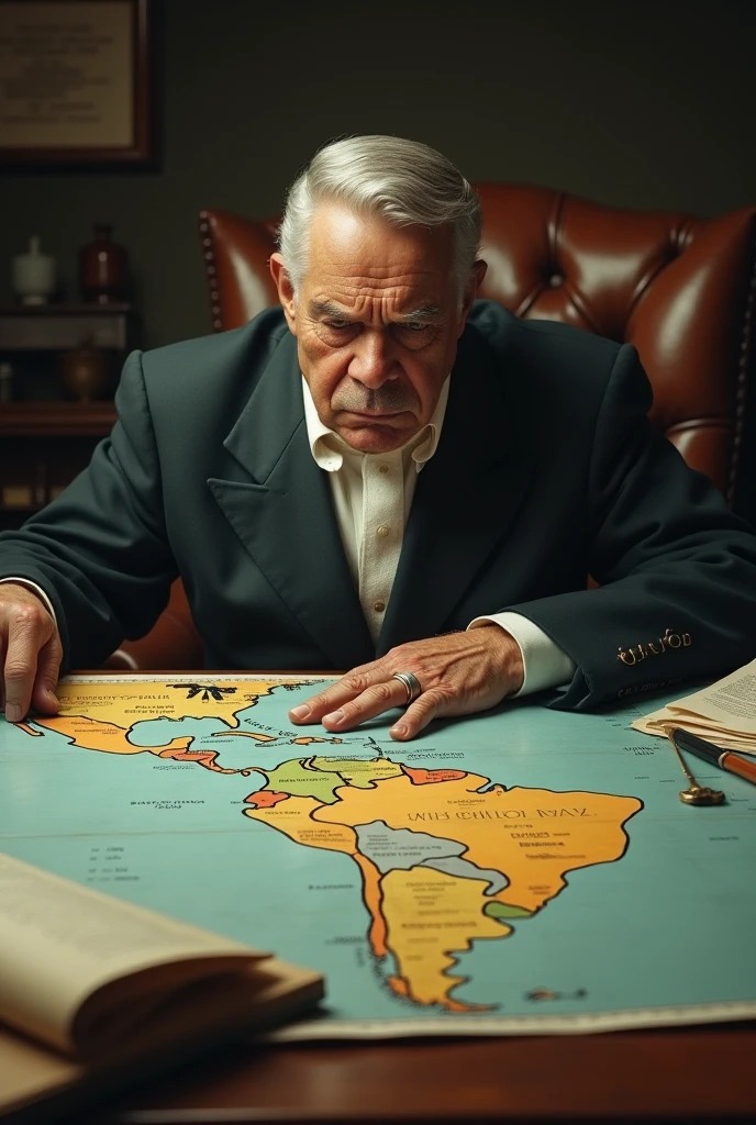 A governor-general looking at a map of Brazil, with an exhausted expression, in meme form