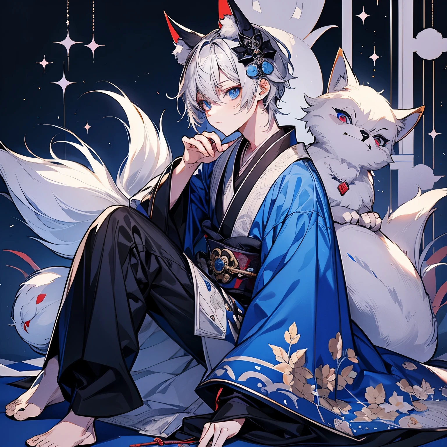 full body, (Highest quality), Highly detailed face, 1 boy,Perfect Face,(Silver Hair:1.3),(blue eyes:1.3), Fox Ears, Onmyoji's kimono , Working in a Japanese-style old-style cafe
