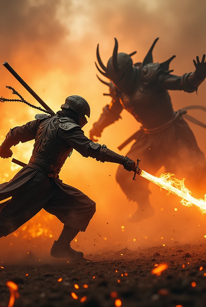 Metal suited ninja warrior slaying demon in epic battlefight, fire trails along samurai swing, dynamic motion picture, slow shutter shot F/1.2 ISO 200