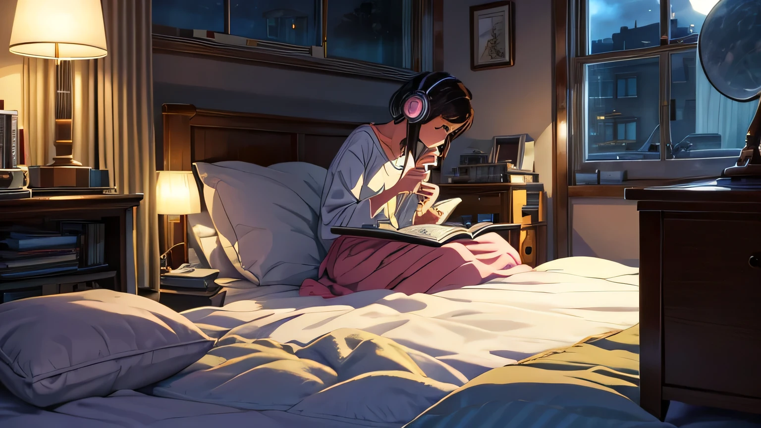 In the comfort of your room, the girl is sitting on the bed covered with pillows and a soft duvet. She reads a thick book while a moon-shaped lamp illuminates the space around her.. Your headphones are plugged into an old radio on your bedside table..