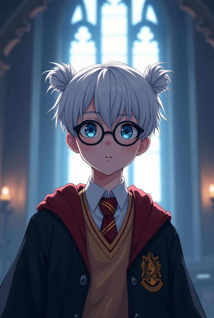He has white hair, two buns, blue eyes, black-rimmed glasses, a Gryffindor uniform, standing in the Great Hall of Hogwarts, the sky is old now, white light shines in. The face of a young boy is bright, the art style of the manhwa, 3:4 ratio committee.