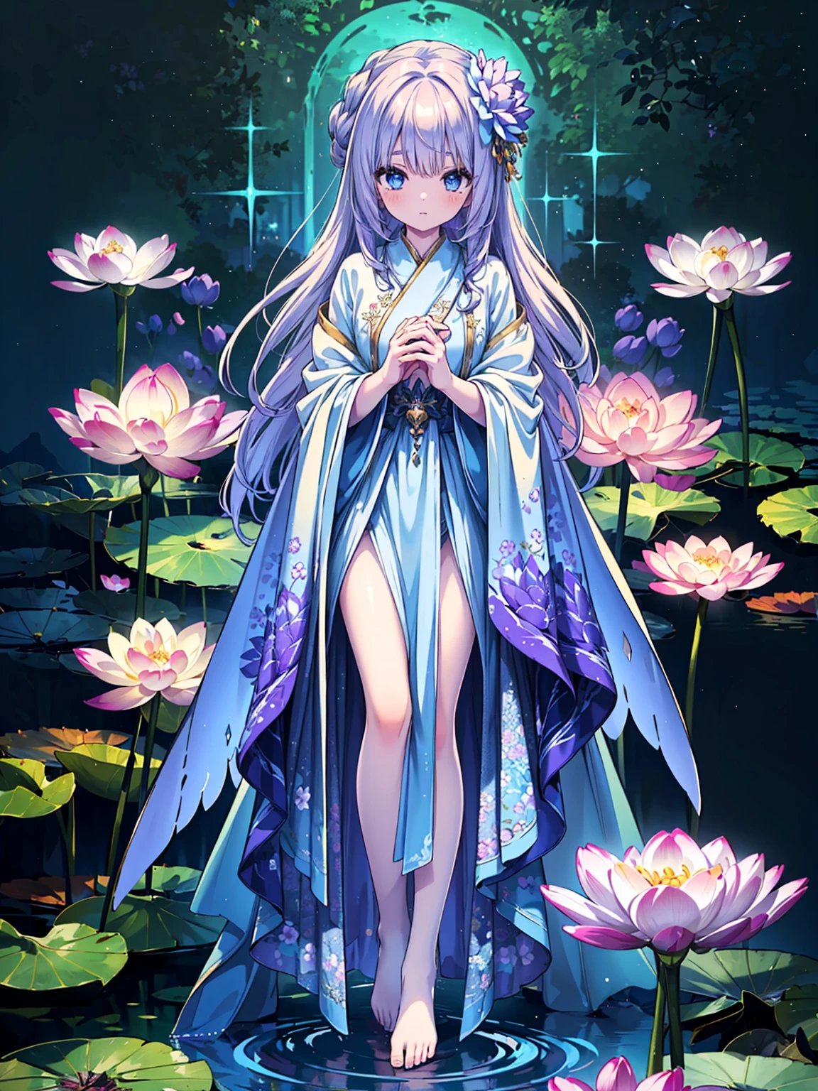 (((masterpiece, best quality, high detailed, 16k))) (1girl) A serene and graceful healer with long, flowing lavender hair and gentle blue eyes. She is draped in soft, flowing robes of white and pastel purple, embroidered with delicate floral patterns. Her hands emit a soft, healing glow, and she carries a staff topped with a blooming lotus flower. ((full body view))