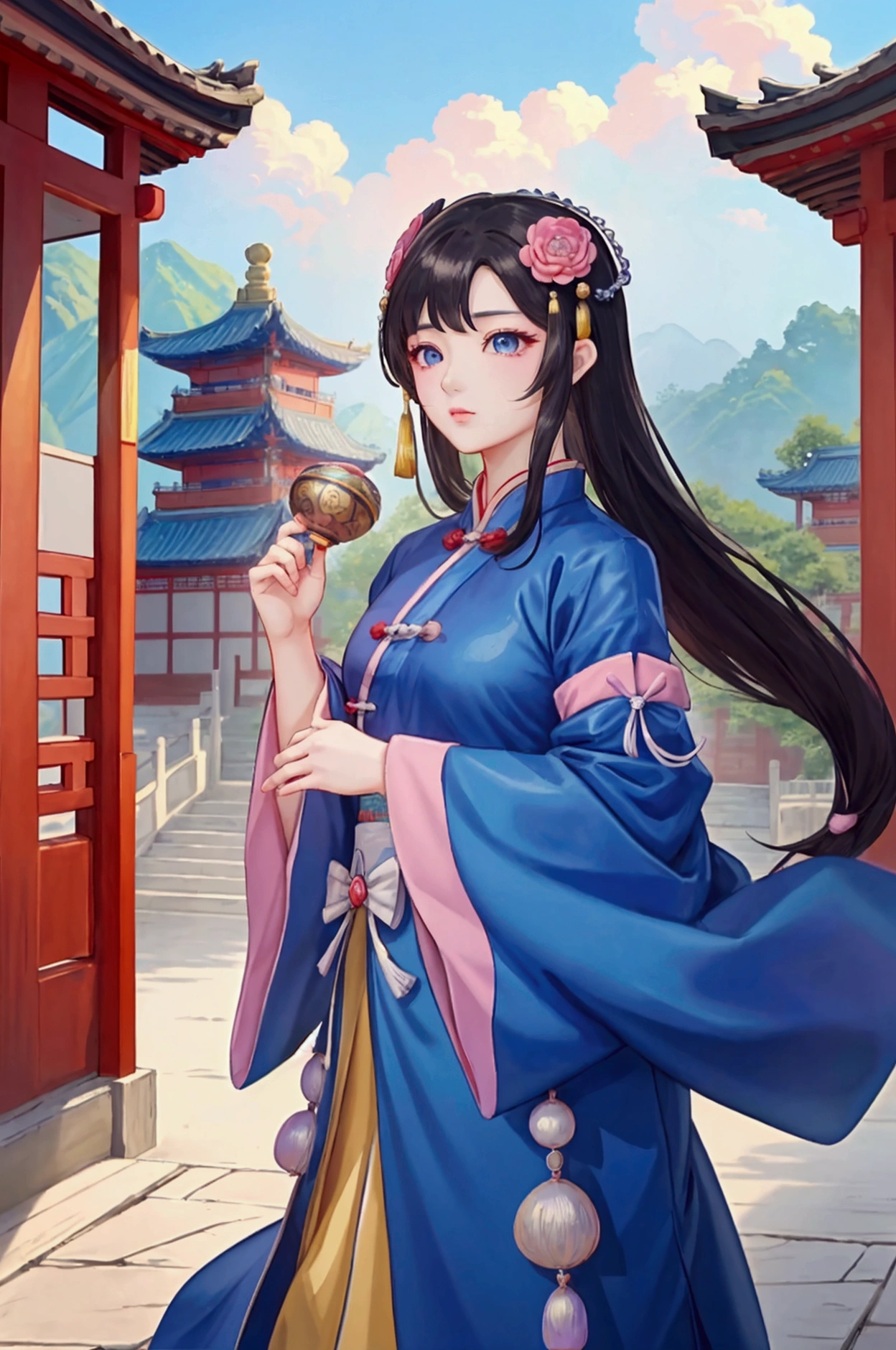 (Highest quality、 8k 、masterpiece、High resolution)、(Chinese Drama、Changgexing、Li Changge、Dililaba)、Tang Dynasty、Changan、1 Female、Rich man's daughter、(Princess of the royal family)、Anime Beauty、Appropriate attire、Head ornament、Hairpin、Beautiful young person、blue eyes、(背景は古いChanganの街並み、Tang Dynasty Buildings、Tang Dynasty Buildings)、Anime Art、Official Art、Detailed CG、