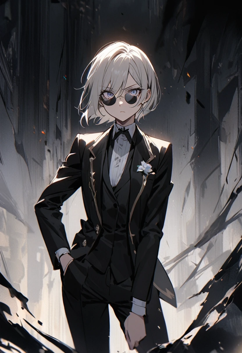 Young woman of 26 years old with an androgynous appearance, short hair hasta los hombros de color castaño claro con un flequillo mucho más largo que cubre el lado derecho de su rostro y ojos vacíos de color amarillo. He wears an elegant black male suit. besides, wears half-moon glasses. Shows an intimidating attitude and a sharp look, solo girl, Whole body, short hair.