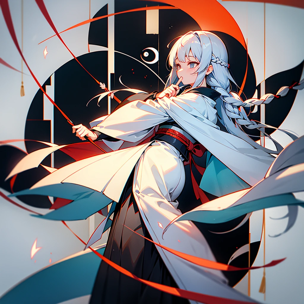 `Eirin Yagokoro` With dark grey eyes, long silver hair, has a large braid on her back and carries a strange pair of bow and arrow. Her Big And Long Kimono is red and blue and is covered with constellation patterns. She Also Uses Japanese Style Flower Pando.
Eirin's clothing has trigrams (broken and solid Yin/Yang lines) lining the bottom hem. They appear to be the complete set of trigrams used in Feng Shui, and match the set of trigrams on the Hakkero.