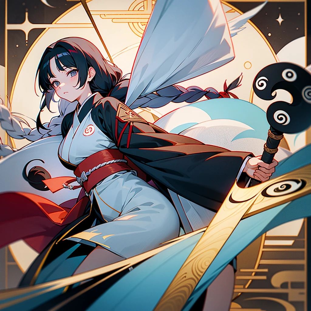 `Eirin Yagokoro` With dark grey eyes, long silver hair, has a large braid on her back and carries a strange pair of bow and arrow. Her Big And Long Kimono is red and blue and is covered with constellation patterns. She Also Uses Japanese Style Flower Pando.
Eirin's clothing has trigrams (broken and solid Yin/Yang lines) lining the bottom hem. They appear to be the complete set of trigrams used in Feng Shui, and match the set of trigrams on the Hakkero.