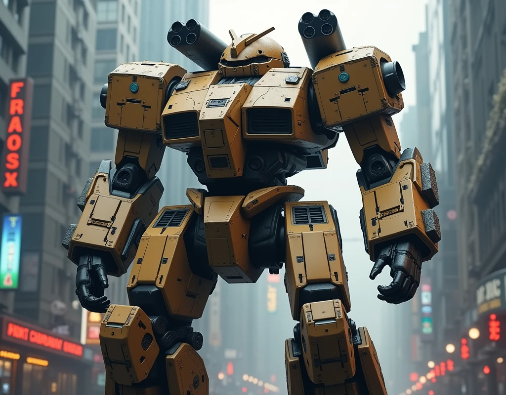 (photorealism:1.2), (Epic), (Front mission), cyberpunk style, mecha, military mecha, heavy armored, advanced tech style, light brown painting, armamento pesado, misille launcher showlder, ((not gundam))