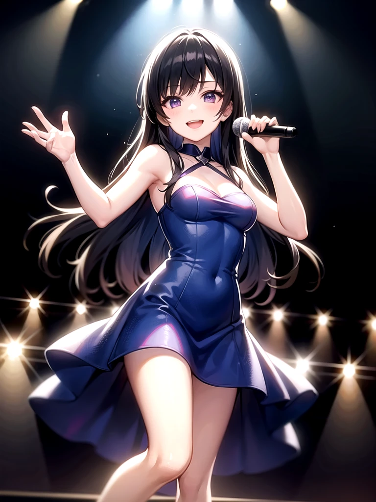 Black-haired long-haired high school girl、Purple eyes、Stage Costumes、Blue Dress、smile、The background is a concert hall、(((Girl Band)))、live、Idol、Hold the microphone by both ends、Spotlight in the darkness、Wink、wave hands、whole body