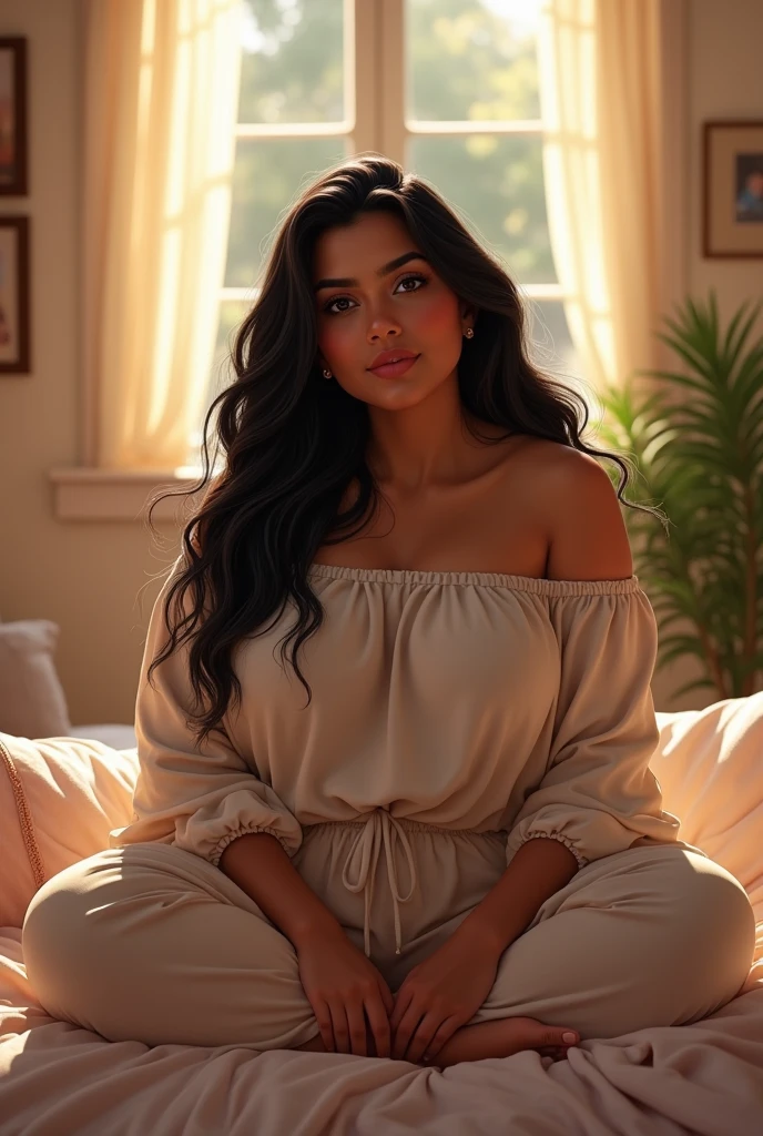 (photorealism:1.2), beautiful 30 year old married indian chubby woman with long black messy hairs and chubby bust, sitting on bed, wearing loose off-shoulder top, pajama pants, long curly hair, indoors, soft lighting, window with sunlight, cozy room, relaxed pose, realistic, intricate details, warm colors, by Greg Rutkowski, by Alphonse Mucha