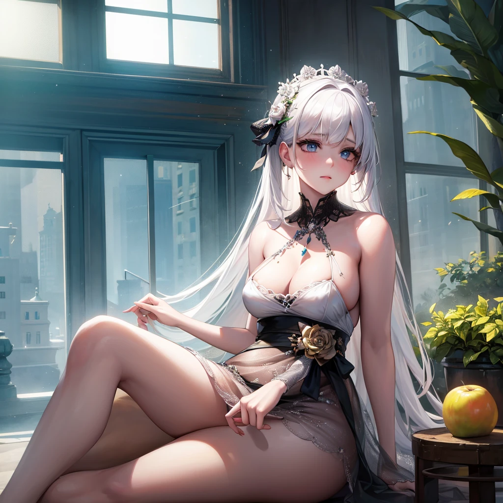 1girl, scared expression, beautiful detailed eyes, albino girl, white hair, elegant dress, holding apple, looking out window, natural lighting, realistic, photorealistic, photo-realistic:1.37, best quality,4k,8k,highres,masterpiece:1.2,ultra-detailed,HDR,UHD,studio lighting,ultra-fine painting,sharp focus,physically-based rendering,extreme detail description,professional,vivid colors,bokeh