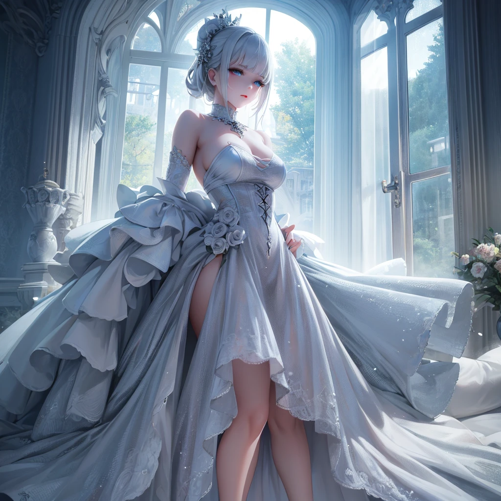 1girl, scared expression, beautiful detailed eyes, albino girl, white hair, elegant dress, holding apple, looking out window, natural lighting, realistic, photorealistic, photo-realistic:1.37, best quality,4k,8k,highres,masterpiece:1.2,ultra-detailed,HDR,UHD,studio lighting,ultra-fine painting,sharp focus,physically-based rendering,extreme detail description,professional,vivid colors,bokeh