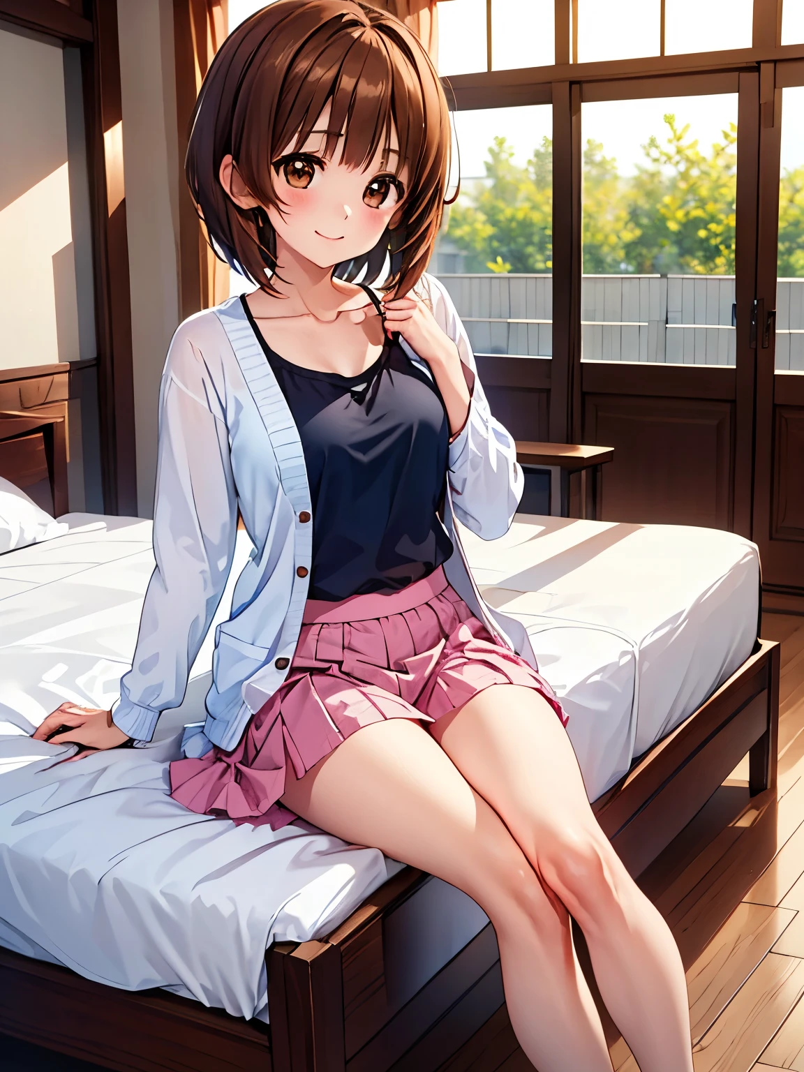 Very detailed, Absurd, Ultra-high resolution, Very detailed, indoor、Sit on the bed、Shooting from the front、Fluffy、(Moe:1.10),Highest quality,West Spring,short hair、Brown eyes、Pink camisole、Long skirt、cardigan、One Girl, alone、smile、Closed Mouth, Sitting,cuteポーズ, cute, Perfectly symmetrical face,  Very detailed目, Ultra detailed hair, 超cute, so beautiful, 