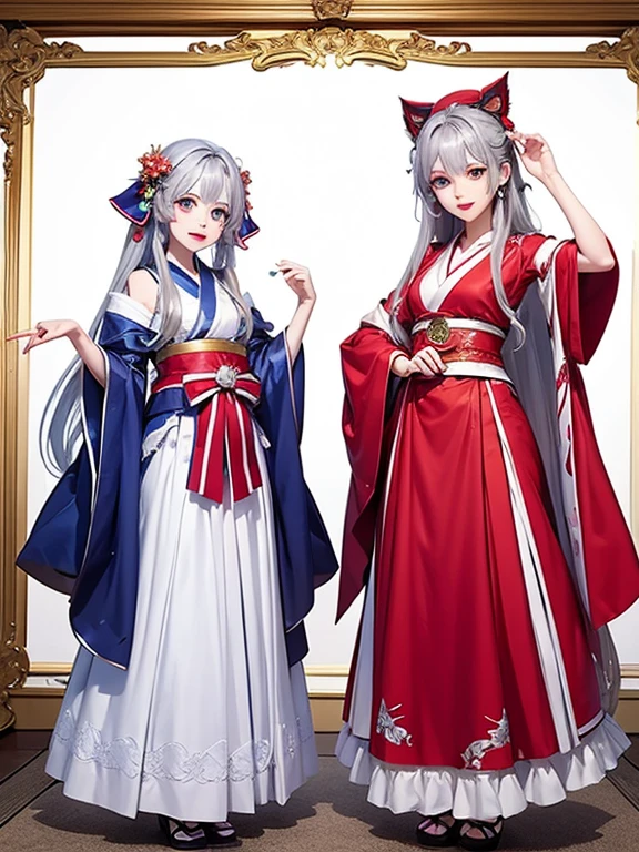 Two Girls、Shrine maiden、Kagura dance、Silver Hair、緑Silver Hair、Ruby eyes、Rainbow Eyes、Full body portrait、Costumes with long hems