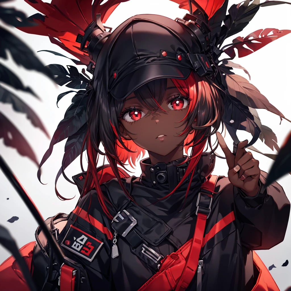 A black skinned girl with black eyes with red pupils,black and red hair