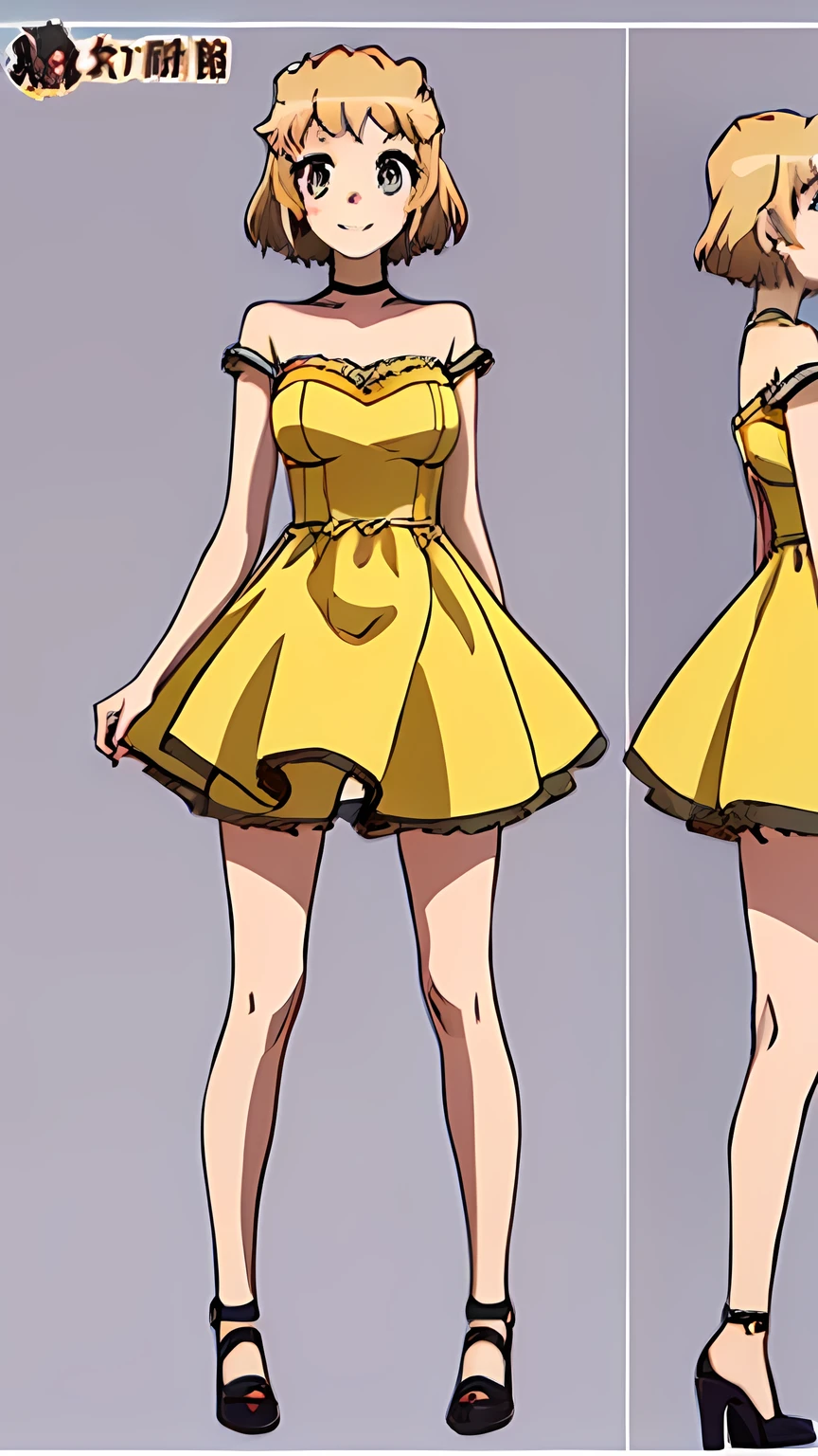 (masterpiece)),(((Highest quality))),((Character design sheet)),Thin thighs,Long legs,((woman, alone, short hair)),Innocent look, Bare arms, Expose your shoulders, Gold Dress,blonde,The best smile,