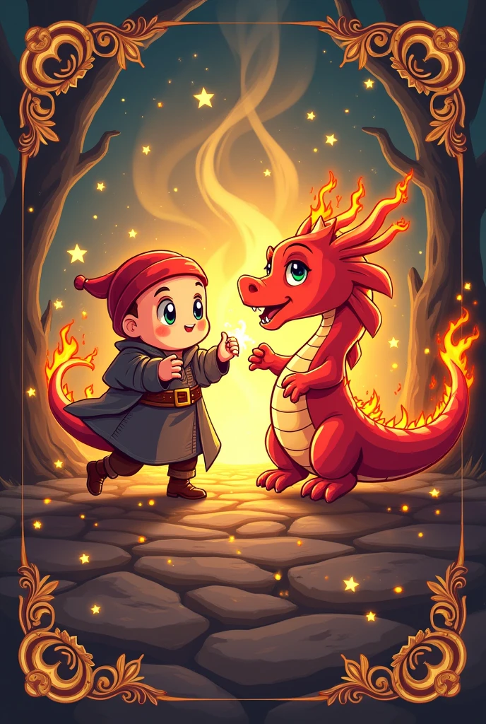 Make a maternity crest with a Fire Mage fighting a dragon in chibi style