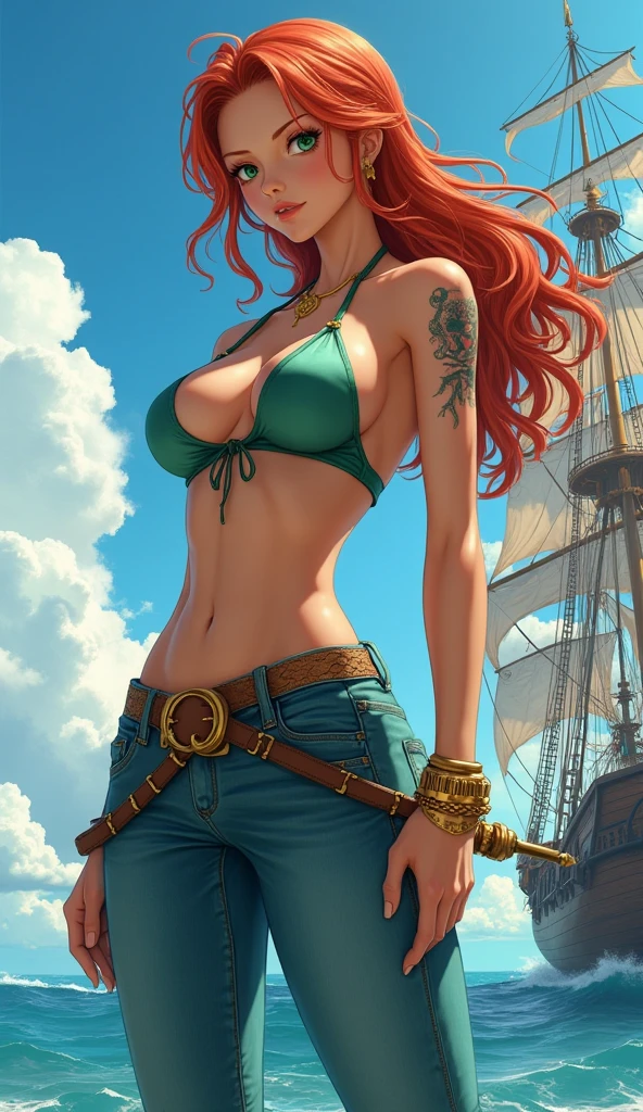 (((masterpiece+best quality+high resolution+ultra-detailed))), 1girl with clima-tact, Nami, long silky orange hair, high nose, sharp eyes, noble and inviolable temperament, (([female]: 1.2 + [beauty]: 1.2 + orange long hair: 1.2)), pirate ship background, blue sky, clouds, log pose, gold bracelets, revealing green and white bikini halter top, tight low-rider jeans, shoulder tattoo, bright eyes, dynamic angle and posture.