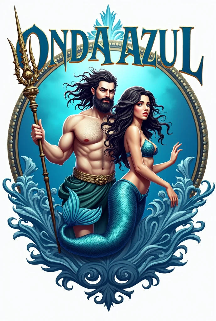 Create a brand logo where you will write ONDA AZUL in front and you will put POSEIDON and IARA, place the name centered, I need the drawings of the two in the middle, make it in a circle shape