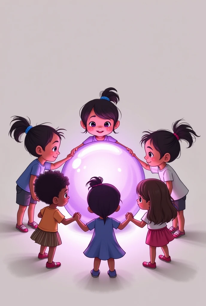 I need an image where there are five humble children around a LILAC crystal globe and they are all smiling and holding hands. I also need them to look like they've been drawn, as is they were cartoon characters. One of the children needs to be black. Without a background. Square image and I need children not to look so much like they were made by artificial intelligence