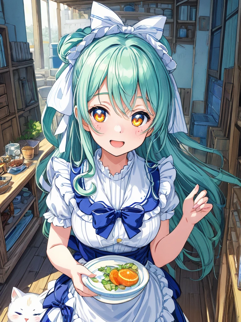 Masterpiece, official art, ultra detailed, top-quality, ultra-definition, high resolution, best quality, perfect eyes, perfect face, 1girl, solo,  hourglass figure, Pretty blue and white striped dressed waitress, Neon Green hair, Orange eyes, Loli face, anime girl, ((ultra-detailed illust:1.2)), only one person, bangs, right long side ponytail, blue and white striped ribbon in her hair, hair between eyes, beautiful hair, beautiful eyes, Medium chest, Big smile, beauty mark on chin, opened mouth, white cute cat on girl's head, in front of the workshop house