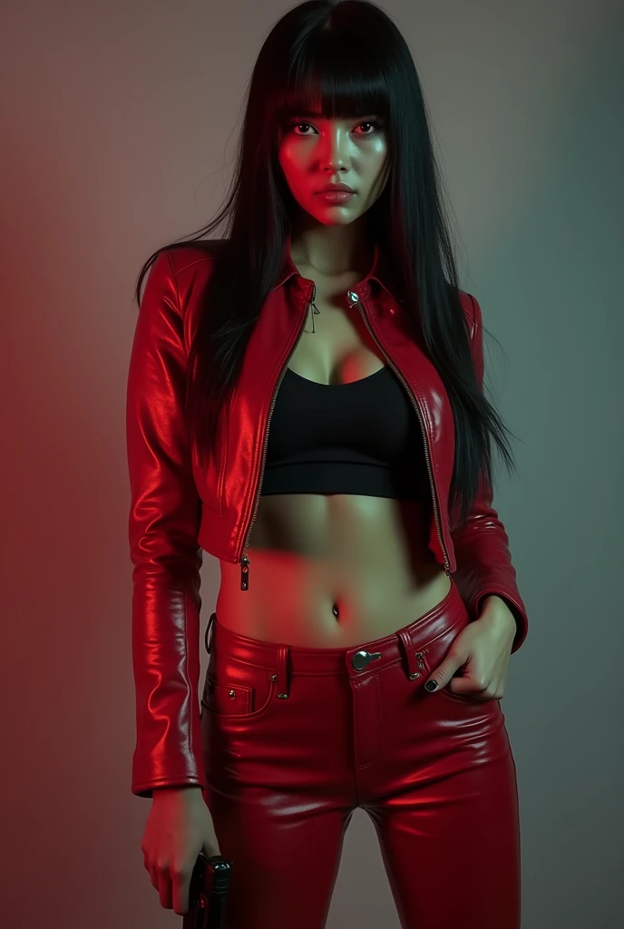 /imagine a realistic photo of an armed secret agent, a beautiful Brazilian woman with Asian features, Chinese eyes, in her 30s, ((long, straight black hair with bangs)), ((she wears red leather clothes, a short red leather jacket, under the jacket there is a black crop top, tight red leather pants with a low waist, her belly button exposed, women's tactical boots with heels)), she uses black eyeliner to accentuate her eyes, she has very slanted eyes, Asian type, she holds a gun, on her thighs pistol holsters, belt with ammunition pouches, she is positioned sideways aiming with a pistol, ((she has a cold, serious and threatening look)), ((she has a well-defined body, body with beautiful curves, thin waist, thick thighs and round butt)), hyper realistic image, details in the skin and hair, cinematic scene, professional saturation,