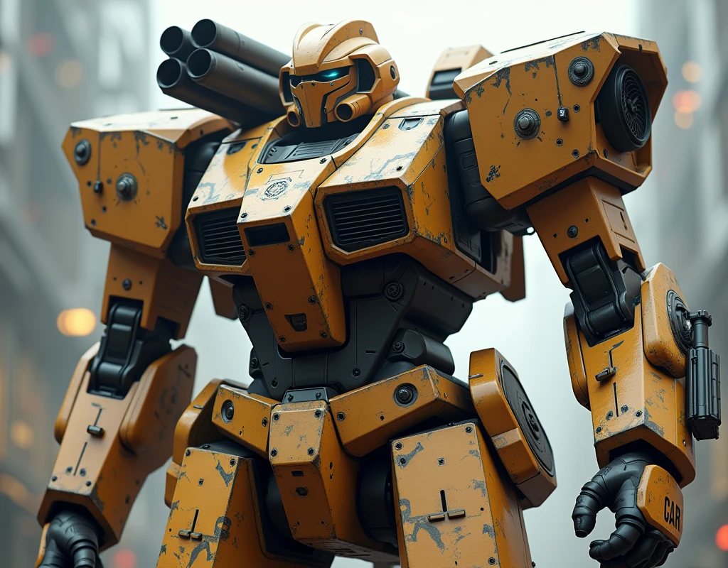 (photorealism:1.2), (Epic), (Front mission), cyberpunk futuristic mecha, military mecha, heavy armored, advanced tech style, light brown painting, armamento pesado, misille launcher showlder, ((not gundam))