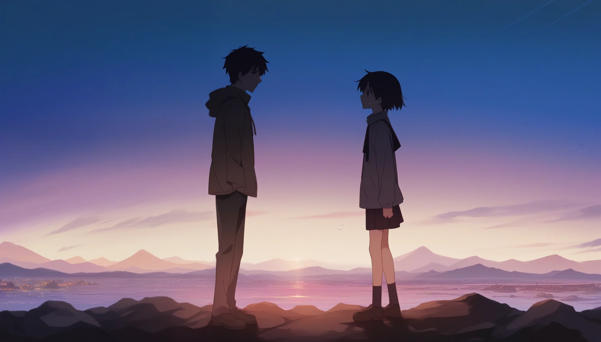 Animated scene of two people standing on a rock and watching the sunset, yourname, yourname movie style, Anime movie stills, Makoto Shinkai movie, Anime movie screenshots, High quality animated movie stills, Anime movie screenshots, Centimeters away from my face, makoto shinkai and bioware, Makoto Shinkai. —h 2160、8K