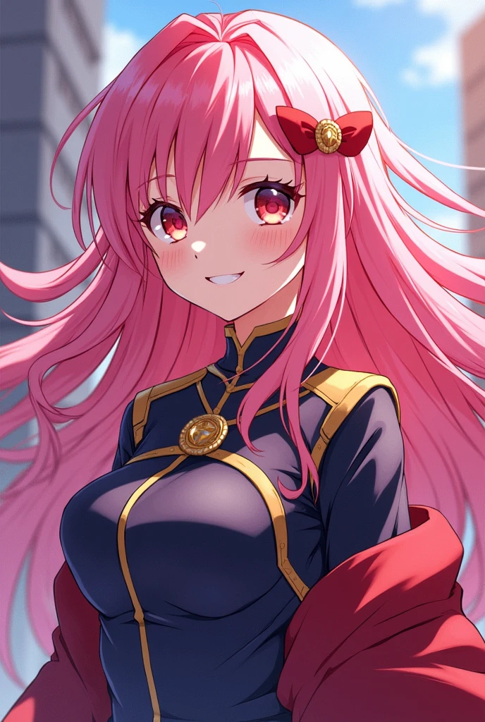 Demon Slayer character and she is a girl with long pink hair and she has Mitsuri's uniform and her eyes look like Tomioka's, she is very beautiful and happy.
