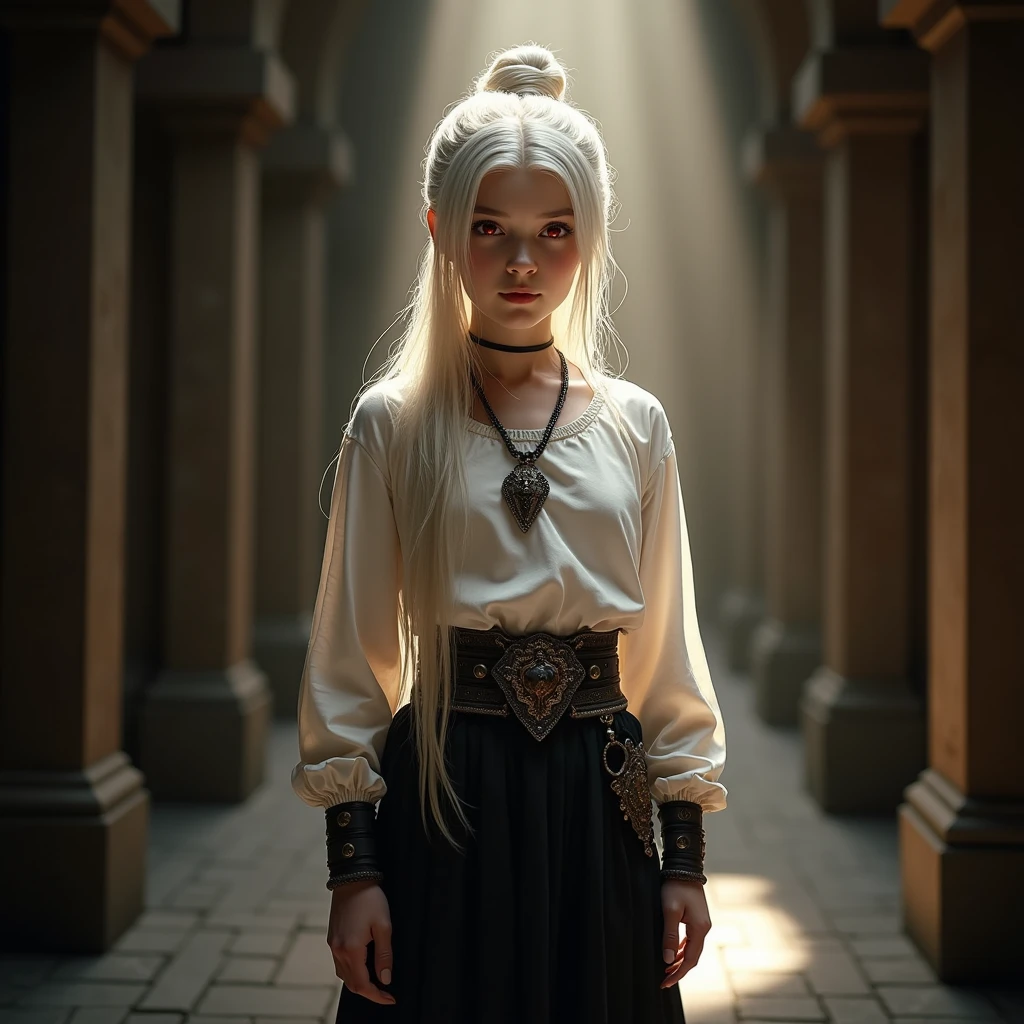 a beautiful girl, 18 years old, calm, beautiful face, vampire, bright red eyes, white long hair, pale skin, hairstyle bun at the back, An amulet around his neck, white ancient shirt, black ancient pants with armor, flat body shapes, furnishings of an old castle, sun rays, dark atmosphere