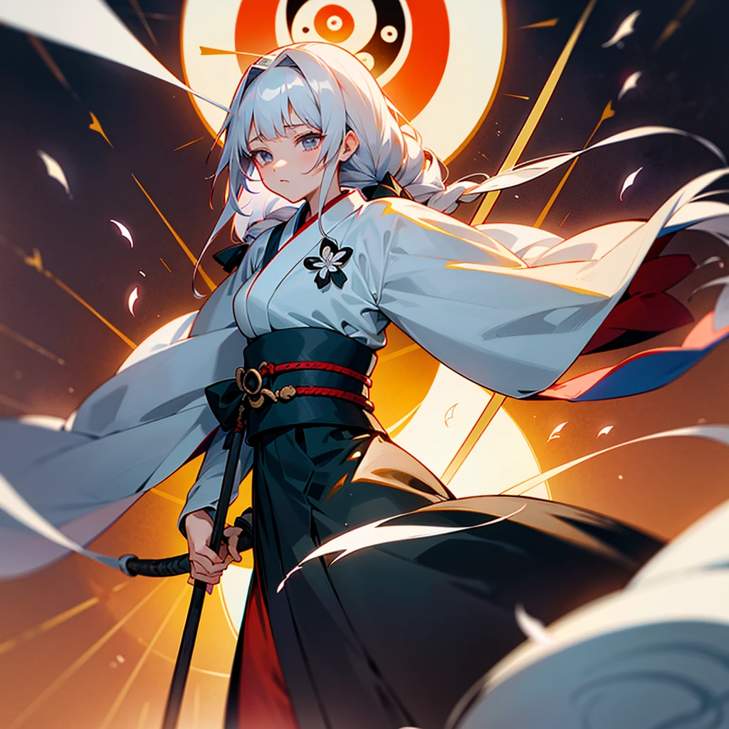 `Eirin Yagokoro` With dark grey eyes, long silver hair, has a large braid on her back and carries a strange pair of bow and arrow. Her Big And Long Kimono is red and blue and is covered with constellation patterns. She Also Uses Japanese Style Flower Pando.

Eirin's clothing has trigrams (broken and solid Yin/Yang lines) lining the bottom hem. They appear to be the complete set of trigrams used in Feng Shui, and match the set of trigrams on the Hakkero.