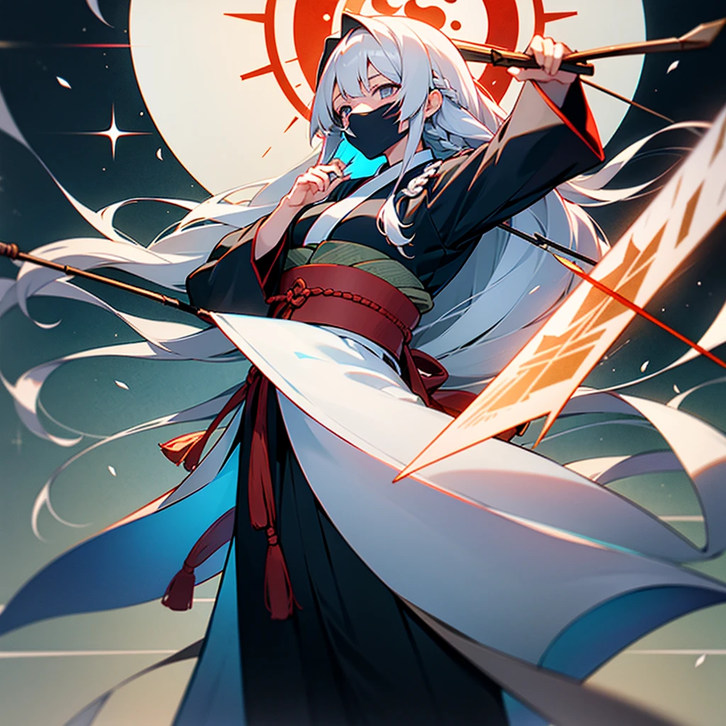 `Eirin Yagokoro` With dark grey eyes, long silver hair, has a large braid on her back and carries a strange pair of bow and arrow. Her Big And Long Kimono is red and blue and is covered with constellation patterns. She Also Uses Japanese Style Flower Pando.
Eirin's clothing has trigrams (broken and solid Yin/Yang lines) lining the bottom hem. They appear to be the complete set of trigrams used in Feng Shui, and match the set of trigrams on the Hakkero.