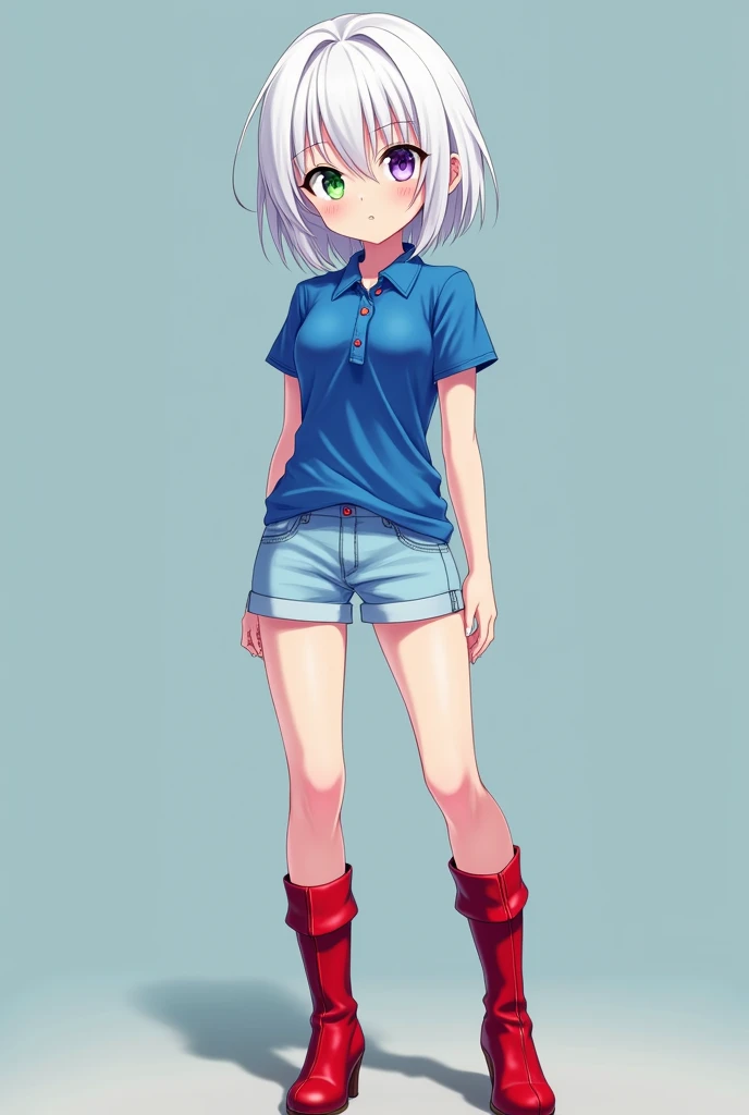 Anime girl with a short, tight blue polo shirt with her breasts and a high, very kawaii neckline and short, almost light blue shorts that are tight to her legs and very beautiful red high-heeled boots and white hair that is not so short with one purple eye and the other bright green eye, very beautiful..