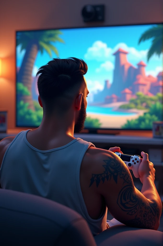 Animation style image of 70 kilo Brazilian man, short beard, low quiff, tattoos on arms, playing video game with white controller, a TV with an image of a fantasy game world coming out of the screen