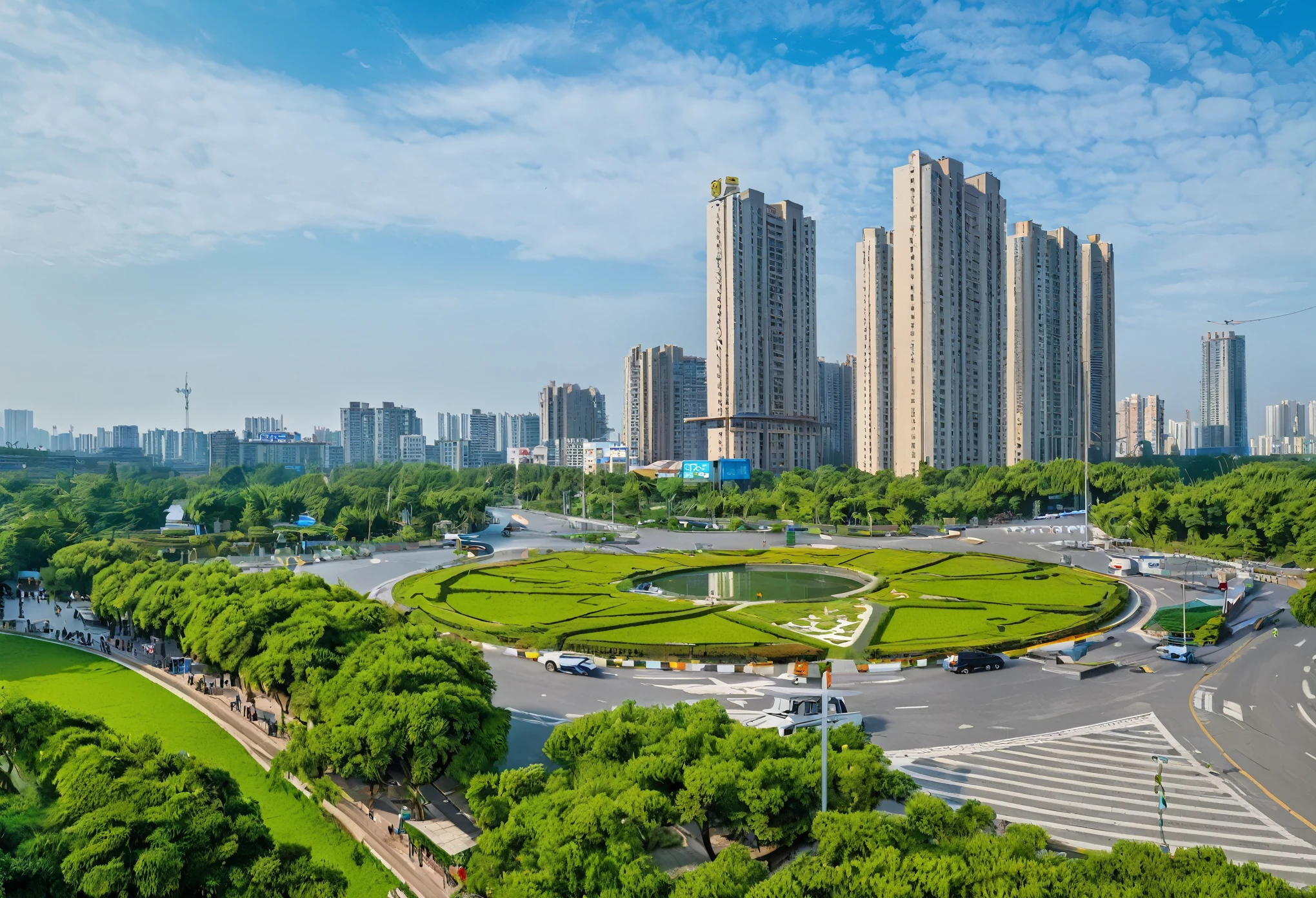 araffature view of a 城市 with a circular park in the middle, Rural City, baotou china, Shenzhen, the 城市 is full of green plants, grass field surrounding the 城市, Wide-angle lens, Wide-angle lens, ruanjia, Beijing, super wide view of a 城市scape, shutter, Looking out of the windows of the metropolis, Beautiful images,Blue sky and white clouds,RAW,uhd,8k,Detailed Details,Best quality,Perfect color matching,Cinematic atmosphere,Masterpieces shot by international photography masters,National Geographic Photography Award Winners