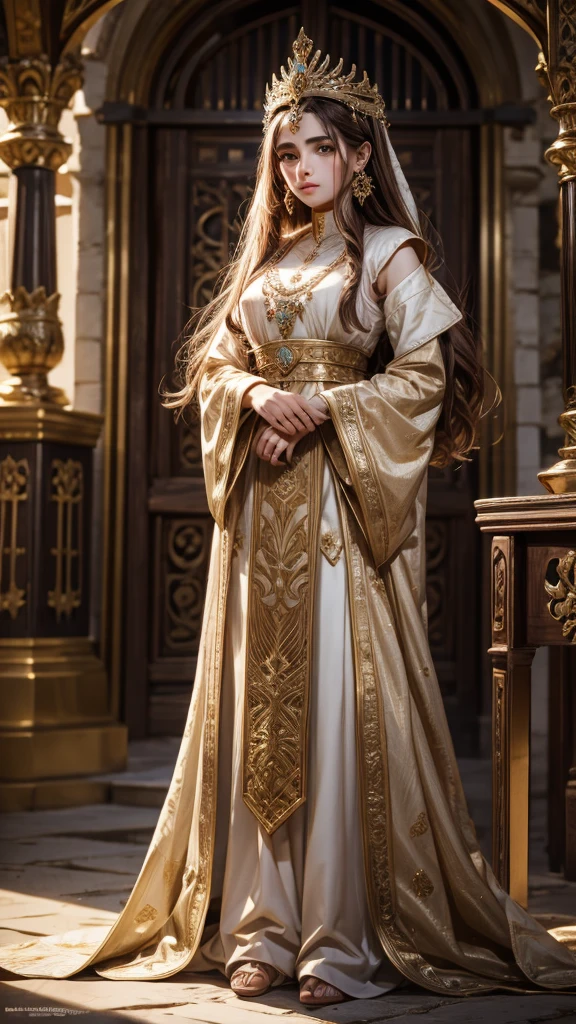 [full body shot] professional, (4k image:1.1), (Sharp Focus:1.3), Very detailed, woman from resurrection ertugrul, beautiful detailed face, sparkling eyes, long light hair, medieval turkish clothes, natural background (attractive woman:1.3), (blushing:1.1), perfect hands, --Detailing, full body, a lot of femininity, Dazzling, muse, --Unreal движок 5.
