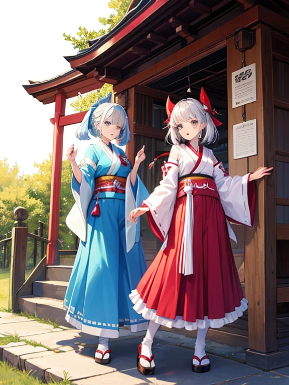 Two Girls、Shrine maiden、Kagura dance、Silver Hair、緑Silver Hair、Ruby eyes、Rainbow Eyes、Full body portrait、Costumes with long hems