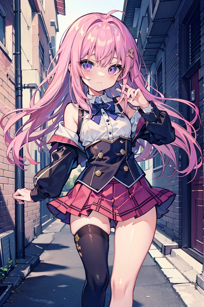 (hentai:1.1), (ideal:1.1), (perfection:1.1), (flawless:1.1), (best quality:1.2), (highest quality:1.2), dark alley, 1girl, solo, (:1.1), (cute litt), cute face, cute outfit, skirt, long thigh high stockings, (thick thighs:0.9), small breasts, athletic body, highest quality eyes, highly detailed, 4k, best resolution, high quality shadows, beautiful quality light, best quality upscale, most beautiful upscale