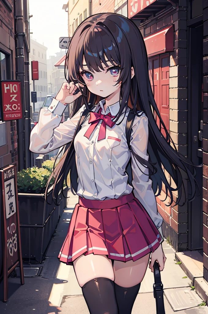 (hentai:1.1), (ideal:1.1), (perfection:1.1), (flawless:1.1), (best quality:1.2), (highest quality:1.2), dark alley, 1girl, solo, (loli:1.1), (cute little girl:1.1), cute face, cute outfit, skirt, long thigh high stockings, (thick thighs:0.9), small breasts, athletic body, highest quality eyes, highly detailed, 4k, best resolution, high quality shadows, beautiful quality light, best quality upscale, most beautiful upscale