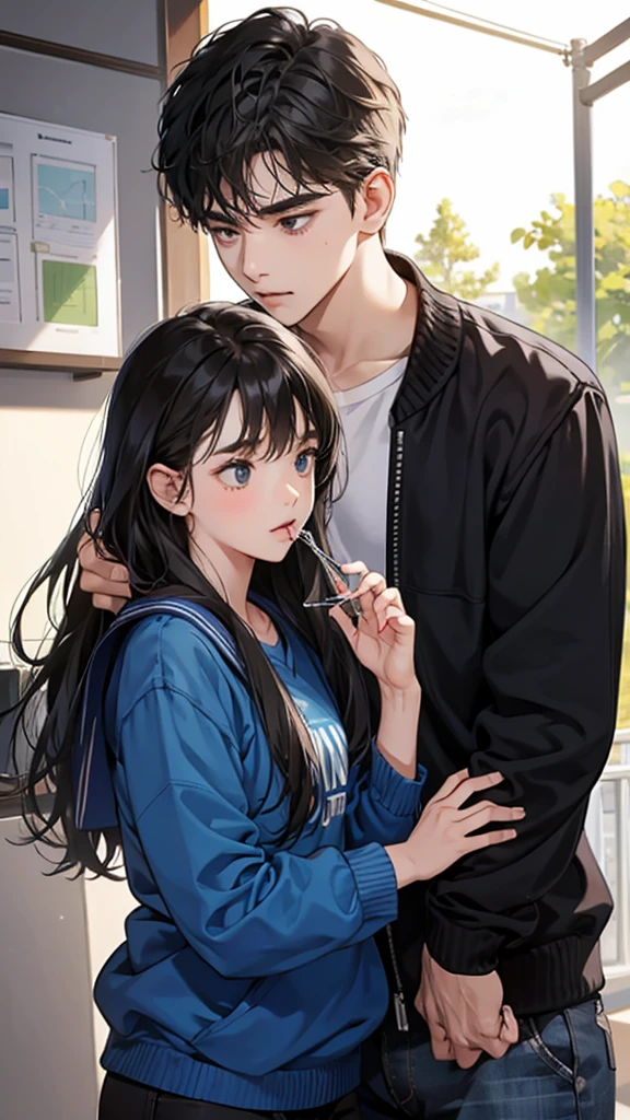 Amazing portrait of a sexy teacher wearing a shirt and jeans kissing and making out passionately with her male student in an empty classroom in an intimate setting
