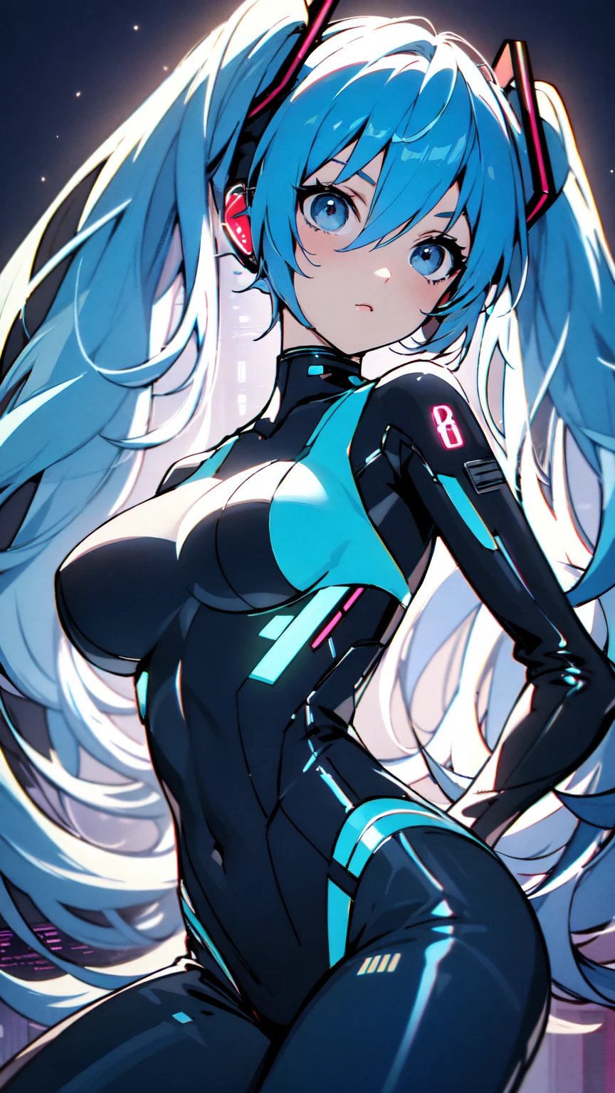 Hatsune Miku Vocaloid, Twin Tails, Light Blue Eyes, Light Blue Hair, Pichi Pichi Bodysuit, Cyber punk, Ultimate Physical Beauty, Beautiful Eyes, Big Breasts, 8K CG, Top Quality, Best Image Quality,