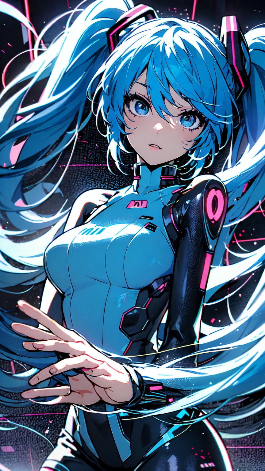 Hatsune Miku Vocaloid, Twin Tails, Light Blue Eyes, Light Blue Hair, Pichi Pichi Bodysuit, Cyber punk, Ultimate Physical Beauty, Beautiful Eyes, Big Breasts, 8K CG, Top Quality, Best Image Quality,