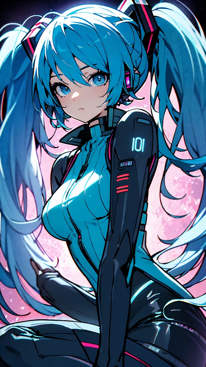 Hatsune Miku Vocaloid, Twin Tails, Light Blue Eyes, Light Blue Hair, Pichi Pichi Bodysuit, Cyber punk, Ultimate Physical Beauty, Beautiful Eyes, embarrassed look , Big Breasts, 8K CG, Top Quality, Best Image Quality,