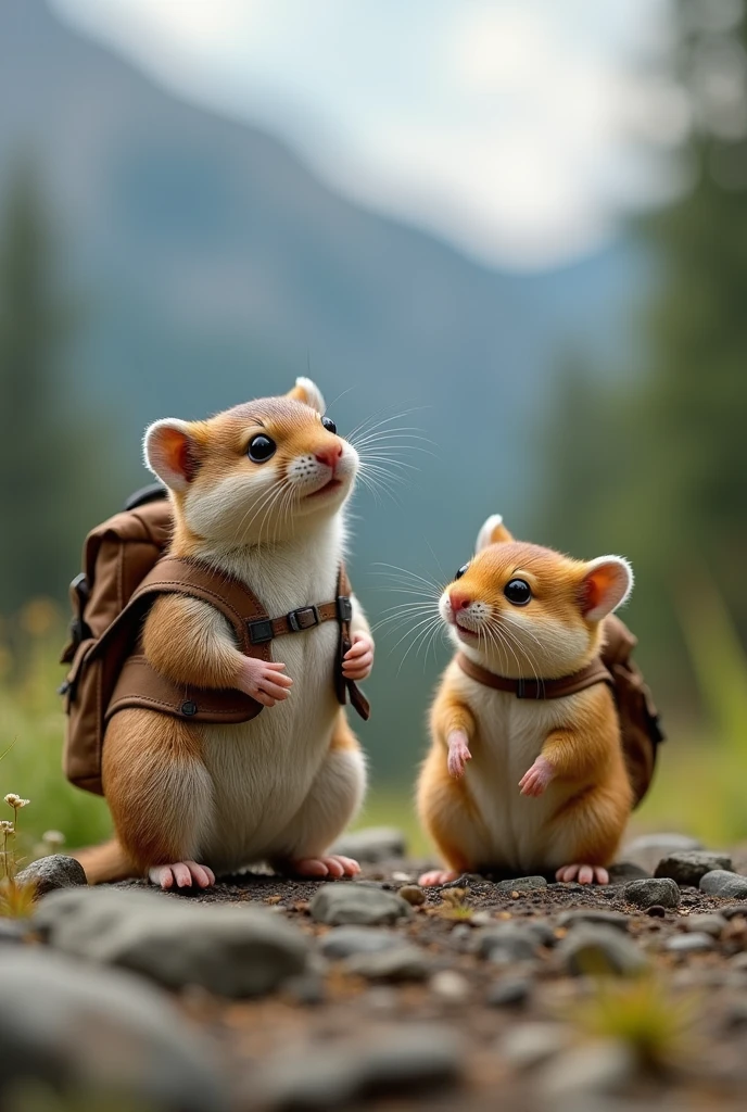 Otter and hamster ready to start their backpacking trip
